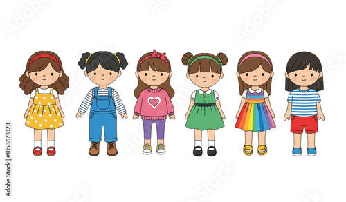 Cute cartoon doll characters vector set with standing poses and outfits isolated on transparent background