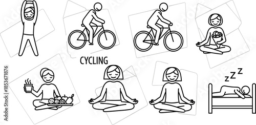 Minimal Stick Figure Healthy Living Icons for Wellness Concept.