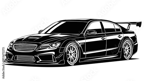 Sleek Black Sedan with a Sporty Body Kit and Rear Spoiler, Aerodynamic Design for Performance