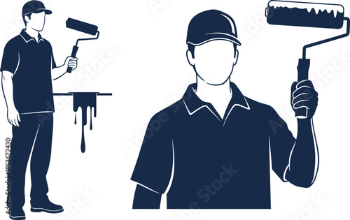Professional painter holding paint roller, renovation worker in uniform, monochrome vector illustration for painting service, construction, home improvement branding