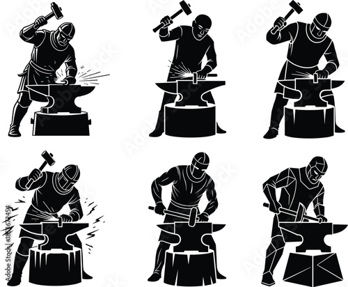 Silhouette of blacksmiths hammering metal, traditional forge work, anvil action pose, sparks flying, black vector illustration, metalworking craft