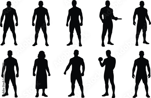 Silhouette of diverse human poses, fitness stance, casual figure, barbell lift, dumbbell flex, vector illustration, black background
