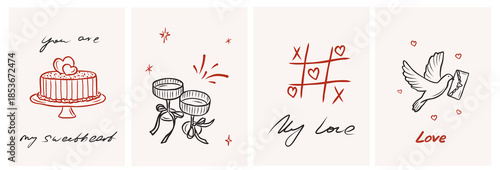 Line art whimsical retro romantic cards
