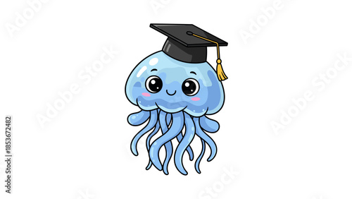 Cartoon Jellyfish Wearing Graduation Cap.