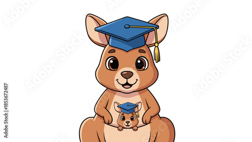 Cartoon Kangaroo Wearing Graduation Cap and Holding Diploma.