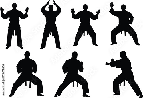 Silhouette of martial artists in action, traditional uniform, karate poses, self-defense stances, discipline, training, vector illustration, black background