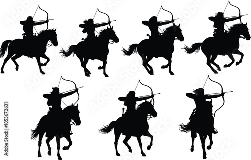 Silhouette of mounted archers in action, horseback bow shooting, historical cavalry pose, dynamic motion, black vector illustration