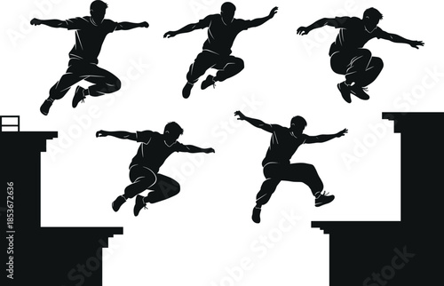 Silhouette of parkour jump sequence, rooftop leap, urban athletic motion, dynamic pose, black vector illustration, extreme sport action