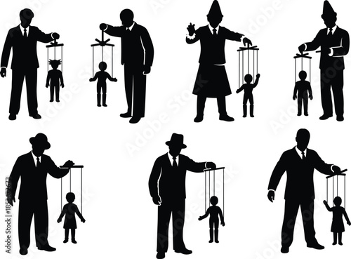 Silhouette of person controlling puppets with strings, manipulation and authority concept, vector for influence, power dynamics, psychological control