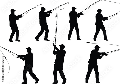 Silhouette of person casting fishing rod, dynamic angler motion sequence, vector illustration for sport, outdoor activity, fishing technique guide