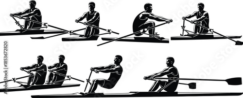 Silhouette of person rowing sculling boat, stroke sequence illustration for sport training, posture technique, water activity, vector content