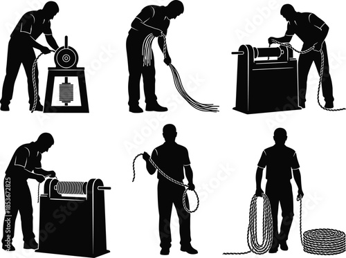 Silhouette of person winding and coiling rope, manual and mechanical handling concept, vector illustration for industry, nautical, labor