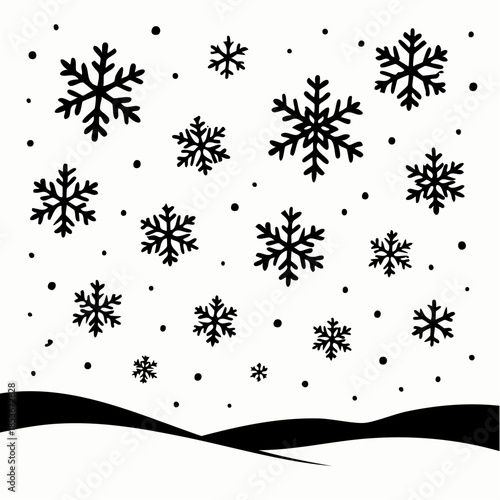 Black silhouette of snowflakes falling across wide winter scene