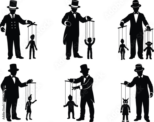 Silhouette of puppet masters with marionettes, manipulation pose, theatrical control, dramatic figure, black vector illustration, symbolic power theme