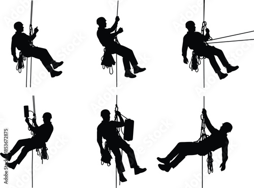 Silhouette of rope access workers suspended, harnessed climbing, industrial safety pose, maintenance at height, black vector illustration