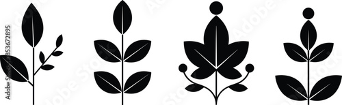 Silhouette of stylized plant icons, botanical leaf shapes, minimalist nature design, black vector illustration, decorative foliage elements