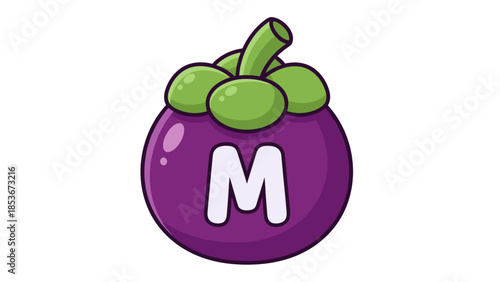 Purple Fruit with Green Leaves and Letter M.