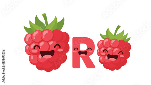 Raspberry Characters with Smiling Faces and Letter R.