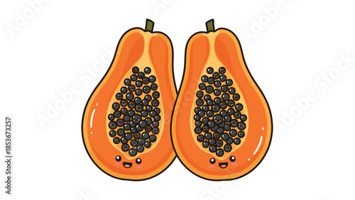 Two Papayas Cut Open Showing Seeds.