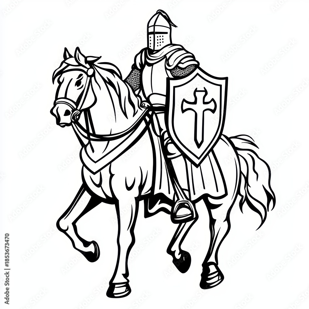 Fototapeta premium Illustrative knight in shining armor mounted on a valiant steed design.