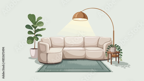 Cozy living room with light beige sectional sofa, rug, and ambient arc floor lamp