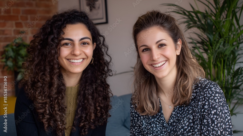 Fototapeta premium Two smiling young adult women looking at the camera while sitting comfortably indoors in a relaxed setting.
