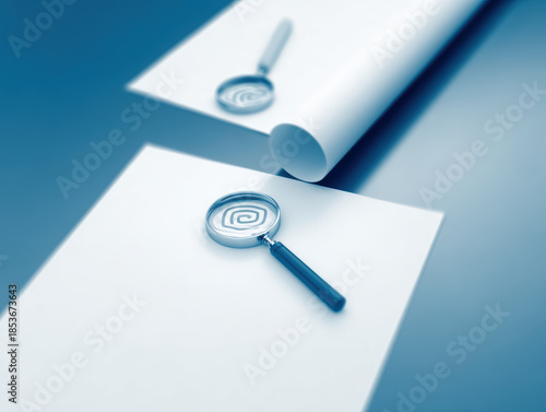Forensic lab investigation magnifying glass spiral evidence document paper white investigation tool crime scene analysis magnifier