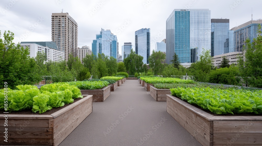 Fototapeta premium Urban agriculture scene featuring vibrant green lettuce in wooden planters, surrounded by lush greenery and modern skyscrapers, showcasing sustainable city farming concept