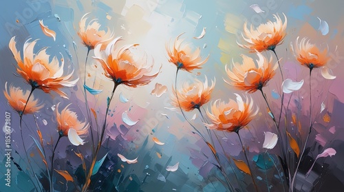 Textured meadow with delicate orange and white flowers. Pastel background, expressive brushstrokes, floating petals. Modern impressionist, thick paint, soft light, romantic. Wallart.