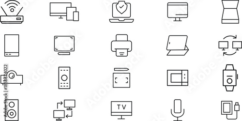 Set of thin line icons for office equipment, computer hardware, digital gadgets, electronic technology devices, business workplace tools, and multimedia peripherals