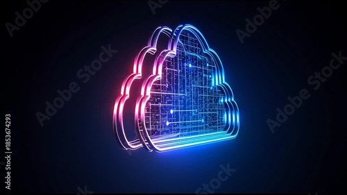 A futuristic 3D digital concept of cloud computing featuring glowing neon circuit lines and network connections on a dark background.