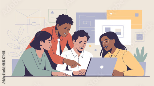 Business team collaborating on project using laptop teamwork colleagues discussing strategy