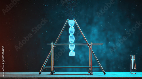 Glowing DNA strand forensic lab investigation concept futuristic neon helix suspended on metal rack with glass bottle