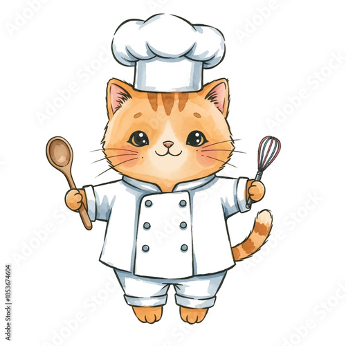 Funny cartoon chef holding a ladle in a kitchen vector illustration