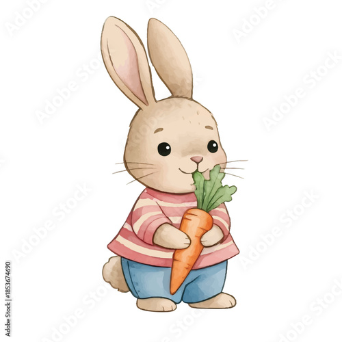 Cute cartoon Easter bunny holding colorful eggs in a happy spring holiday illustration