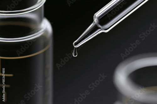 Forensic lab investigation glass dropper dispensing clear liquid precise closeup clinical equipment sterile vial pipette science