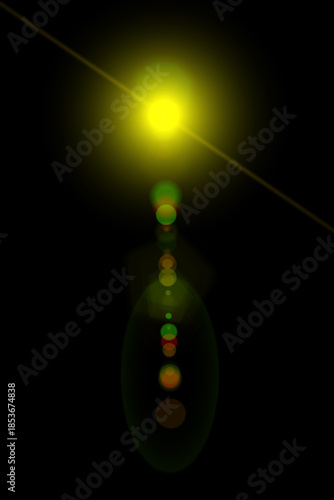 Easy to add lens flare effects for overlay designs or screen blending mode to make high-quality images. Abstract sun burst, digital flare, iridescent glare over black background.