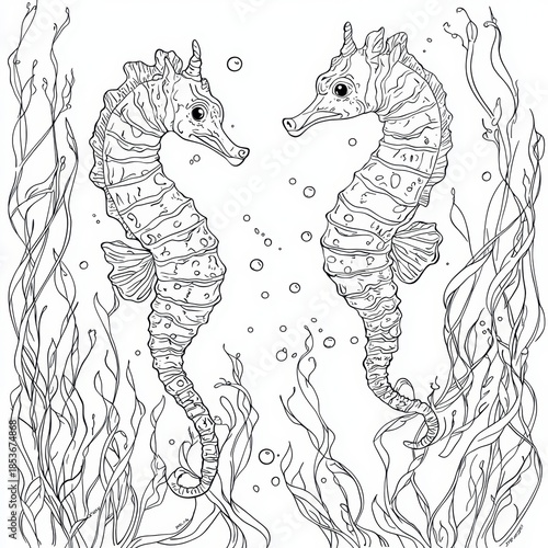 Two seahorses float among seaweed in a black and white coloring book image.