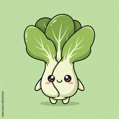 Cute Cartoon Bok Choy Character with Big Kawaii Eyes on Light Green Background