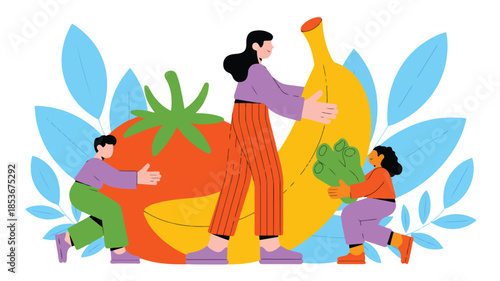People carrying giant fruits and vegetables together celebrating healthy lifestyle concept