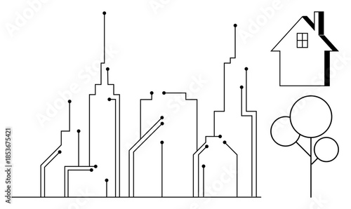 Smart technology, urban planning, sustainable design, connectivity, modern living, suburban development. Outline of circuit-inspired cityscape with a house and trees. Smart technology and urban