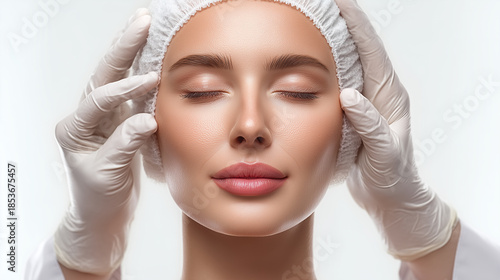 Cosmetologist examining woman's face before skincare or aesthetic treatment in beauty clinic