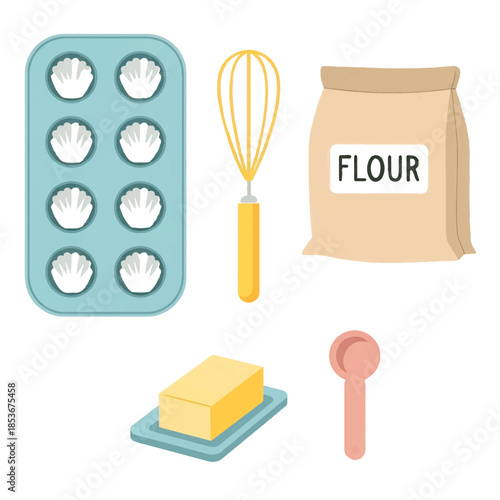 A simple vector illustration showing a set of kitchen icons for food, tools, education, and restaurant design