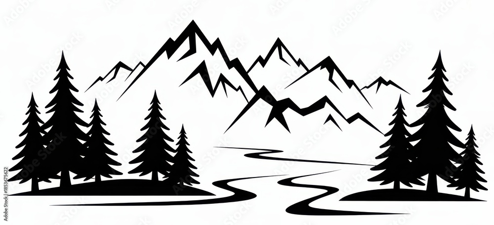 Fototapeta premium Black and white minimalist of mountains trees and winding river peaks