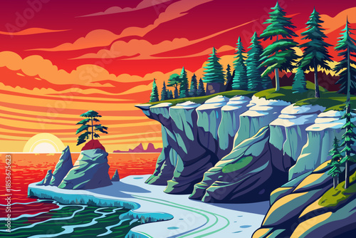 cliffside beach where pine trees grow above the sea, merging evergreen forest textures with steep coastal terrain and open ocean views