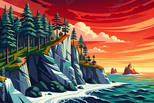 cliffside beach where pine trees grow above the sea, merging evergreen forest textures with steep coastal terrain and open ocean views