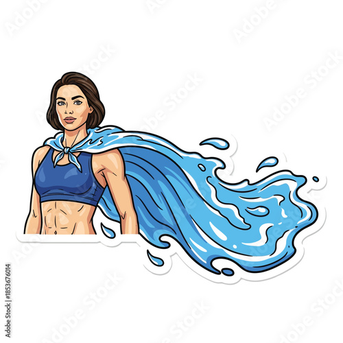 Woman with flowing water cape standing confidently in illustration style