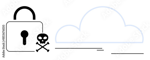 Padlock with skull and crossbones near a cloud. Ideal for cybersecurity, data protection, hacking, online threats, encryption, warning, privacy-focused designs. Simple flat metaphor
