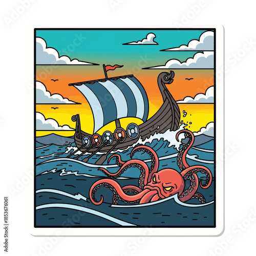 Viking Ship Sailing Through Calm Ocean Waters with an Octopus in the Foreground at Sunset