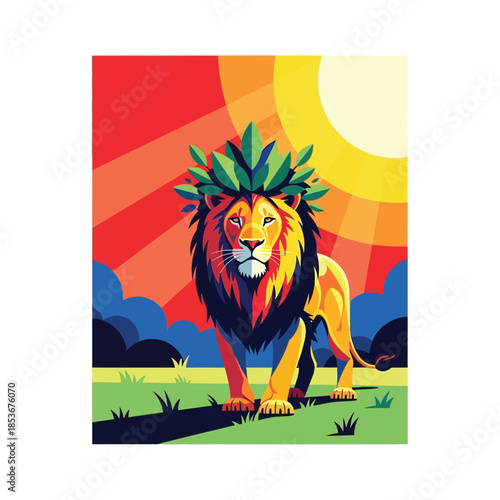 Vibrant Lion Standing in a Field with Bright Sun and Colorful Sky